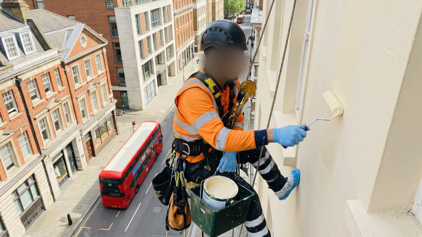 Illustration of a rope access technician rolling paint onto a rendered elevation above a London street