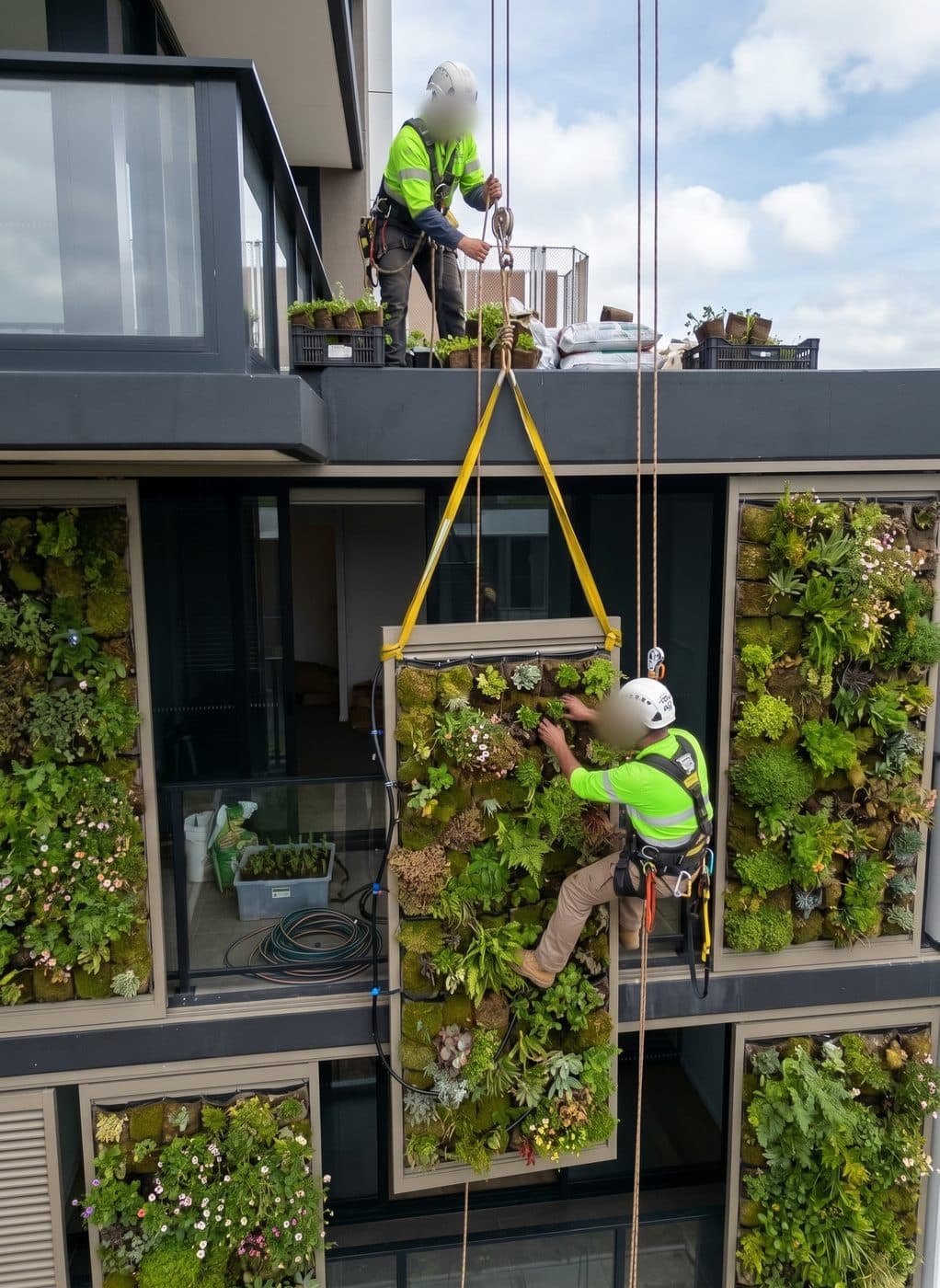Illustration of two technicians installing a planted living wall panel on a facade