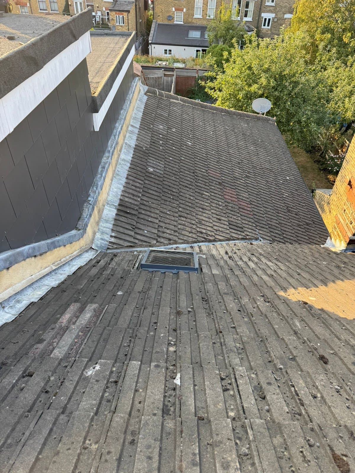 The finished rear roof slope seen from the ridge, with no scaffold in place