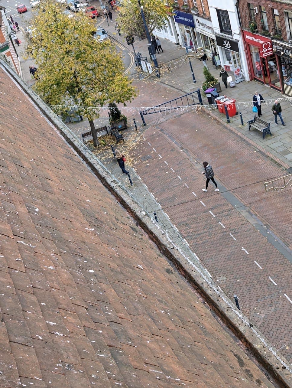 View from the roof over the pedestrianised high street with the gutter cleared
